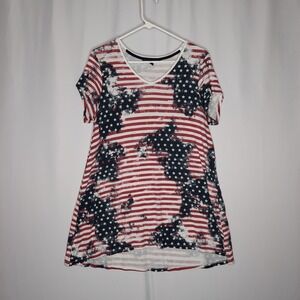 Anne French Tunic Top Womens Large Blue Red Stars Stripes Patriotic USA Flag